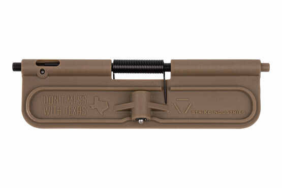 Strike Industries flat dark earth AR-15 Ultimate Dust Cover - Texas Edition v1 features Don't Mess with Texas on the inside